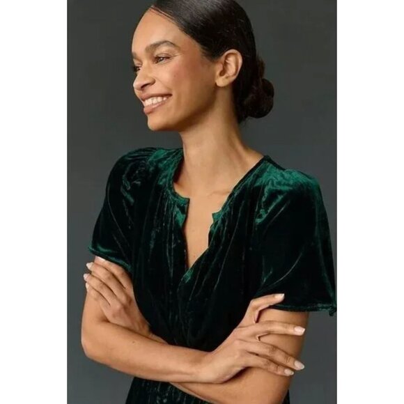 Anthropologie Somerset Mini Dress Tiered Dark Green Velvet Large - Picture 3 of 14